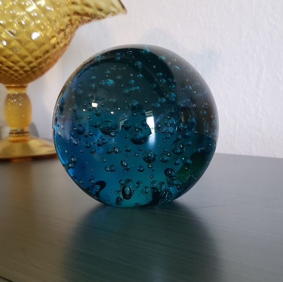 Handblown Auqamarine Blue Green Bubble Glass Art Ball Paperweight Mid-Century - Picture 1 of 10
